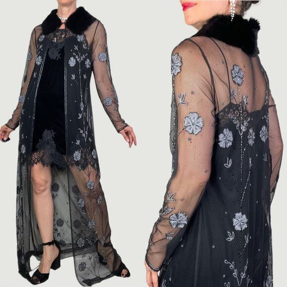 Sue Wong fur collar beaded embroidered sheer jacket duster coat cocktail floral - Picture 1 of 15